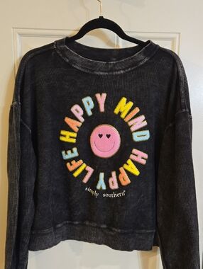 Simply Southern Black Pullover with Colorful 'Happy Mind' Smiley